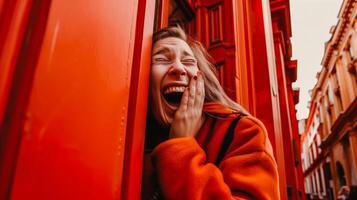 emocionado mujer en un vibrante rojo chaqueta riendo por un brillante rojo pared foto