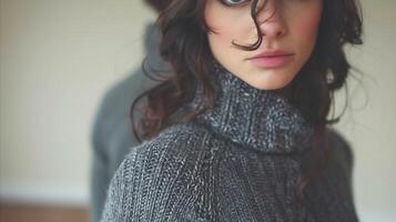 retrato de un mujer en un suéter tipo con cuello de tortuga suéter foto