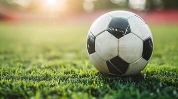 Close-Up of Soccer Ball on Lush Green Field at Sunset photo