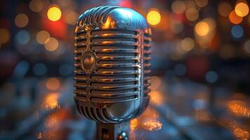 Vintage Microphone on Stage With Bokeh Lights photo