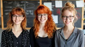 Three Women Standing Together in Front of Chalkboard photo