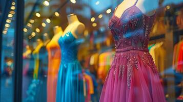 Elegant Evening Dresses Displayed in Boutique Window at Dusk photo