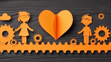 Orange Paper Artwork Displaying Children, Heart, and Gears photo