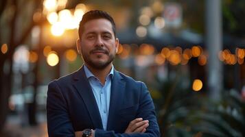 Confident Businessman in Blue Blazer Standing Outdoor at Dusk photo