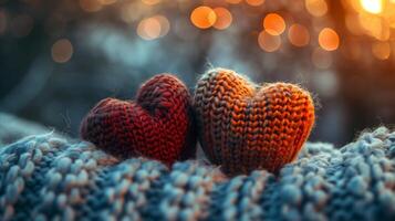 Warm Knitted Hearts Embraced by Soft Scarf at Golden Hour photo