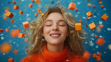 Radiant Woman Celebrating With Confetti on Blue Backdrop photo