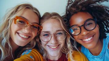 Three Smiling Friends Taking a Selfie Together Indoors photo