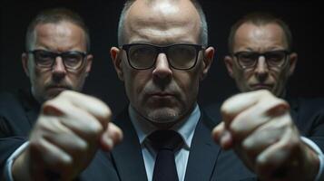 Serious Businessman With Bodyguards Pointing at Camera in Dim Light photo