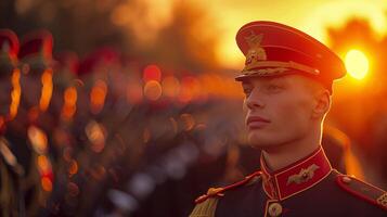 puesta de sol ceremonia con uniforme honor Guardia foto