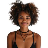 Smiling Young Woman With Curly Hair and Choker Necklace photo