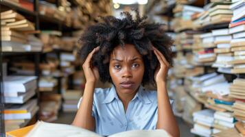 Overwhelmed Student Studying in Library photo