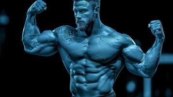 Muscular Man Flexing Biceps in Dramatic Blue Monochrome Lighting photo