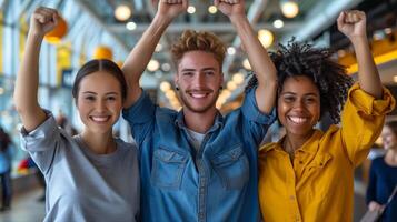 Three Friends Celebrating Victory With Raised Arms Indoors photo