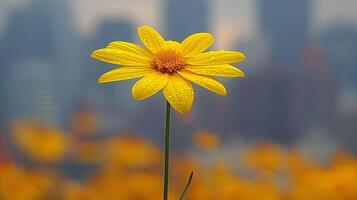 Close-Up of a Dew-Covered Yellow Flower Against a Blurred City Backdrop photo