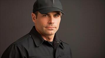 confidente hombre vistiendo negro gorra y camisa en estudio retrato foto