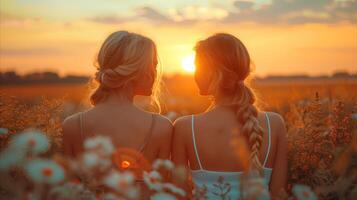 Golden Hour Embrace in a Blooming Field photo