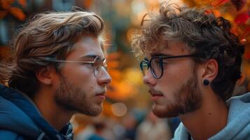 Two young men sharing a moment of connection as they gaze at each other amidst a backdrop of vibrant autumn leaves photo