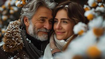 Smiling Couple Embracing in Snowy Winter Scene photo