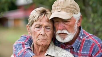 Elderly Couple Embracing Outdoors at Dusk photo