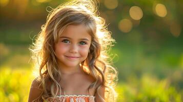 dorado hora retrato de un sonriente joven niña en un prado foto