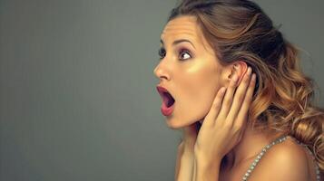 Surprised Young Woman With Hand on Ear Against Grey Background photo