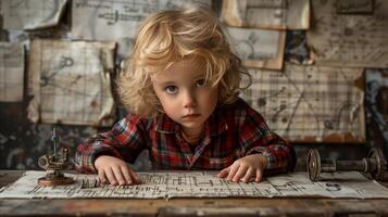 curioso niño explorador Clásico mapas en un antiguo estudiar habitación foto