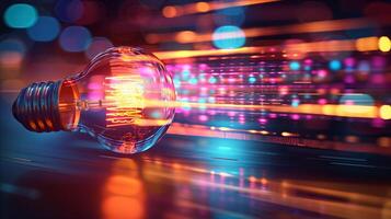Glowing Light Bulb With Digital Data Stream Background photo