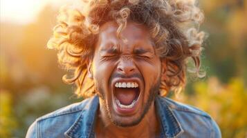 Exuberant Man Yelling With Sunlit Background photo