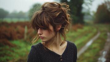 Thoughtful Woman on Overcast Day in Countryside photo