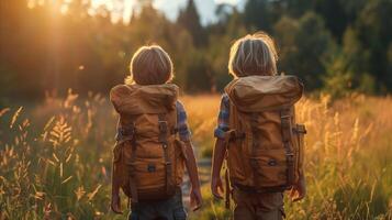 Two children with backpacks walking through a field, enjoying the outdoors and exploring nature. photo