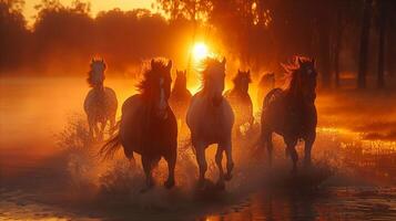 Wild Horses Running at Sunrise Through Misty Water photo