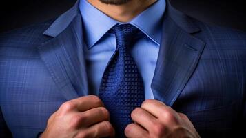 Businessman Adjusting Blue Tie Before Meeting photo