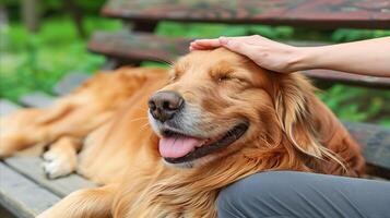 Golden Retriever Enjoying a Head Pat in the Park at Summer photo