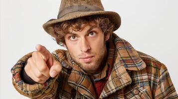 Curly-Haired Man in Plaid Jacket Pointing Forward photo