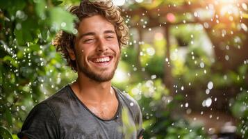 Joyful Young Man Enjoying a Sunny Rain Shower in Lush Garden photo