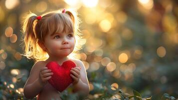 Toddler Holding Red Heart in Sunlit Garden photo