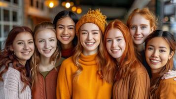 Group of Smiling Young Women in Winter Attire Indoors photo