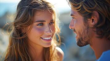 de cerca de sonriente joven Pareja a playa durante puesta de sol foto