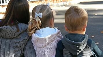 Three Children Sitting Together Outdoors in Autumn photo