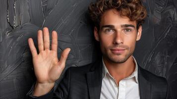 Confident Young Man Leaning Against a Textured Wall photo