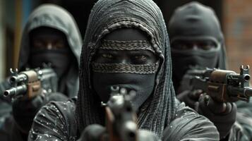 Masked Men Brandishing Guns in Dimly Lit Environment photo