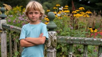 Young Boy With Arms Crossed Standing by a Garden Fence photo