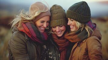 Three Friends Enjoying a Beach Sunset in Winter photo