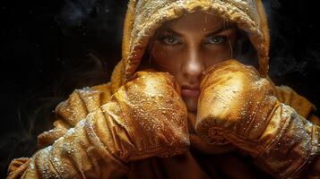 determinado Boxer en dorado guantes y sudadera, preparando para lucha foto