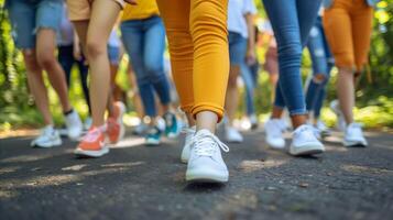 Group of People Walking on a Paved Path in Daylight photo