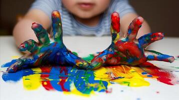 Colorful Hand Painting by Child on Table Surface photo