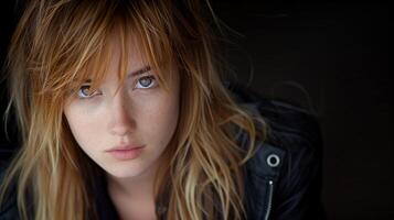 intenso mirada de un mujer con azul ojos y sucio pelo foto