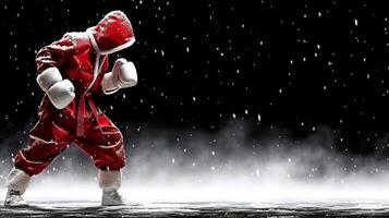 Papa Noel claus en boxeo engranaje durante nevada foto