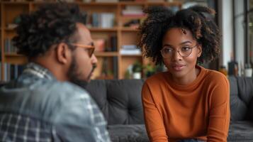 íntimo conversacion Entre joven Pareja adentro foto