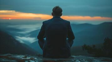 Man Watching Sunrise Over Mountainous Landscape photo